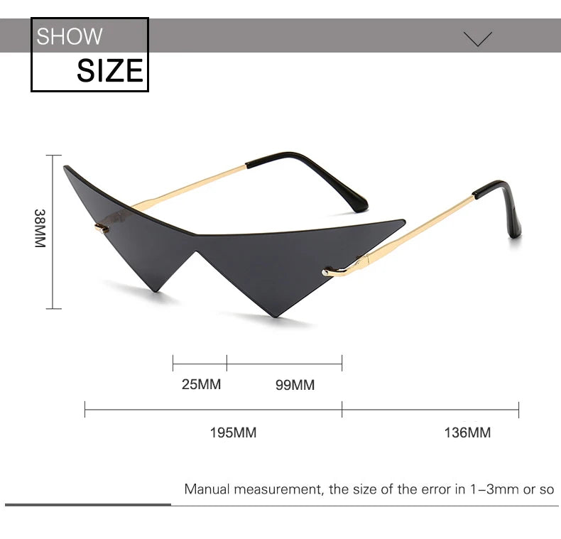 OEC CPO Oversized Cat Eye Rimless Sunglasses Women Fashion One Piece Lens Sun Glasses Female Trend Triangle Eyewear Men UV400