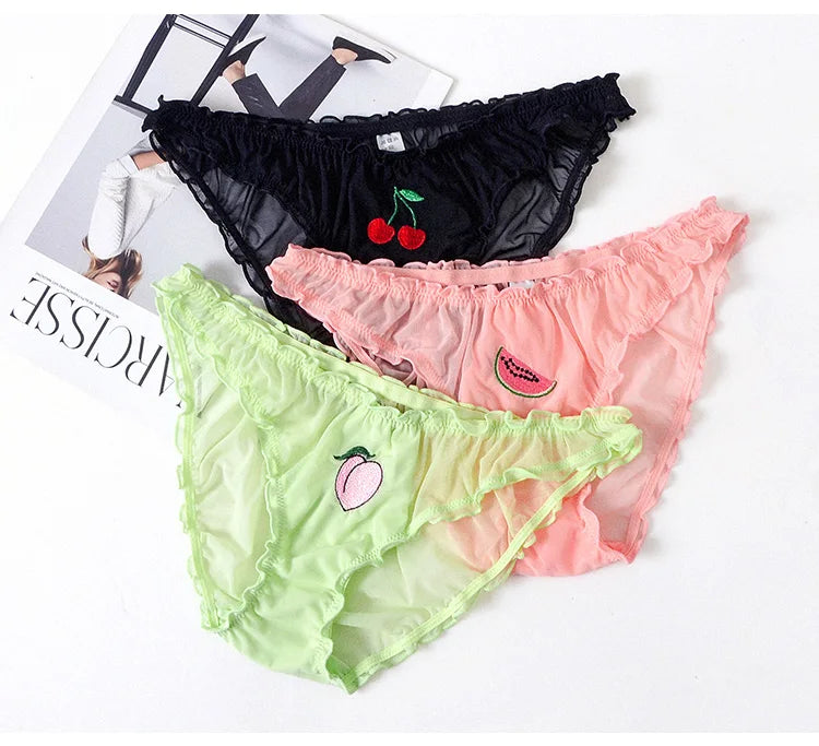 Meet'r Women Sexy Lace Lingerie Temptation Low-waist Panties Fruit Ins Embroidery Transparent Briefs Seamless Sweet Underwear