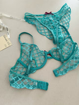 Mermaid blue three-piece lingerie set of thin large breast underwear sexy lace bra breathable romantic bras with underpants suit