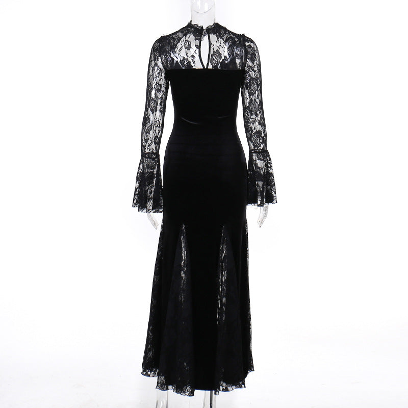AltGoth Aesthetic Gothic Midi Dress Women Vintage Elagnt Lace Patchwork See Through Flare Sleeve High Waist Clubwear Dress Femme