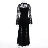 AltGoth Aesthetic Gothic Midi Dress Women Vintage Elagnt Lace Patchwork See Through Flare Sleeve High Waist Clubwear Dress Femme