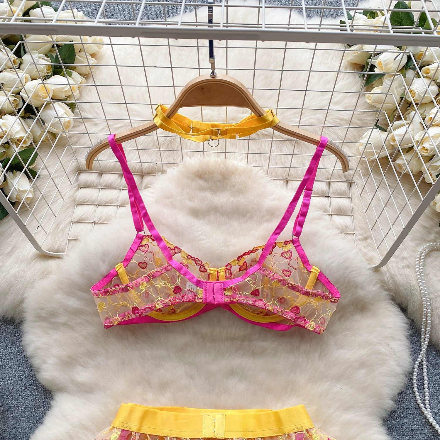 CHILLGIO Women Heart Print Lace Bra Brief Suit Fashion Transparent Push Up Underwear Outfit 3 Pieces Sexy Intimate Lingerie Sets