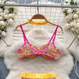 CHILLGIO Women Heart Print Lace Bra Brief Suit Fashion Transparent Push Up Underwear Outfit 3 Pieces Sexy Intimate Lingerie Sets