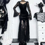 AltGoth Aesthetic Gothic Midi Dress Women Vintage Elagnt Lace Patchwork See Through Flare Sleeve High Waist Clubwear Dress Femme
