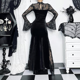 AltGoth Aesthetic Gothic Midi Dress Women Vintage Elagnt Lace Patchwork See Through Flare Sleeve High Waist Clubwear Dress Femme