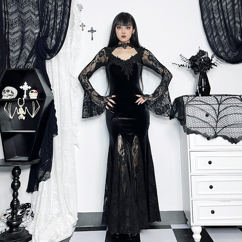 AltGoth Aesthetic Gothic Midi Dress Women Vintage Elagnt Lace Patchwork See Through Flare Sleeve High Waist Clubwear Dress Femme