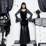 AltGoth Aesthetic Gothic Midi Dress Women Vintage Elagnt Lace Patchwork See Through Flare Sleeve High Waist Clubwear Dress Femme