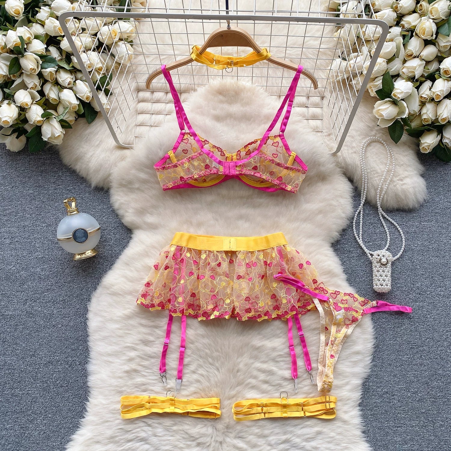 CHILLGIO Women Heart Print Lace Bra Brief Suit Fashion Transparent Push Up Underwear Outfit 3 Pieces Sexy Intimate Lingerie Sets