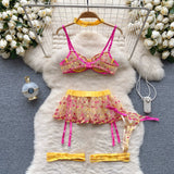 CHILLGIO Women Heart Print Lace Bra Brief Suit Fashion Transparent Push Up Underwear Outfit 3 Pieces Sexy Intimate Lingerie Sets