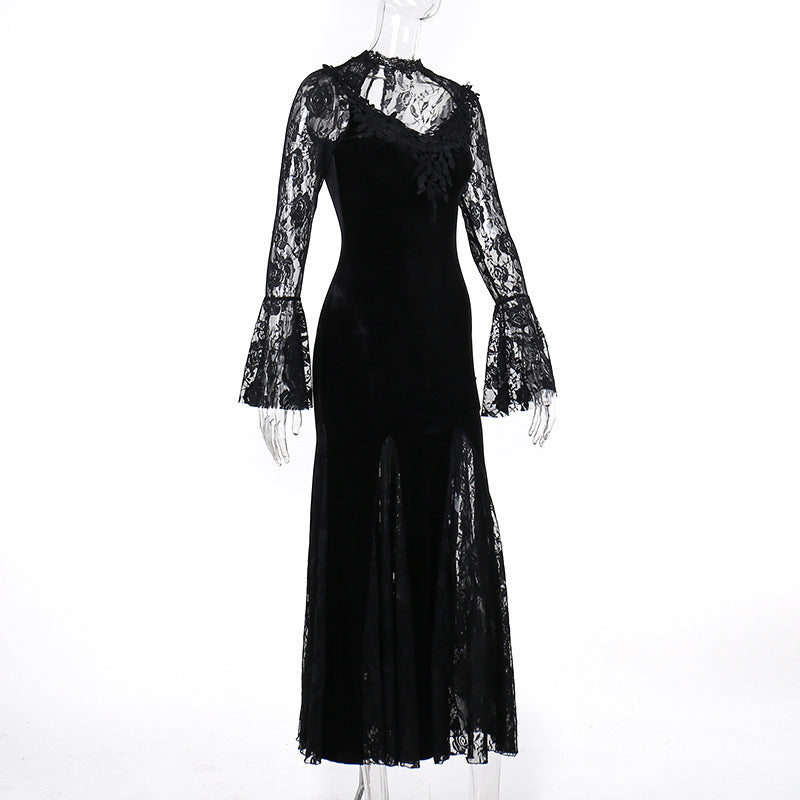 AltGoth Aesthetic Gothic Midi Dress Women Vintage Elagnt Lace Patchwork See Through Flare Sleeve High Waist Clubwear Dress Femme