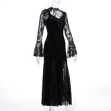 AltGoth Aesthetic Gothic Midi Dress Women Vintage Elagnt Lace Patchwork See Through Flare Sleeve High Waist Clubwear Dress Femme