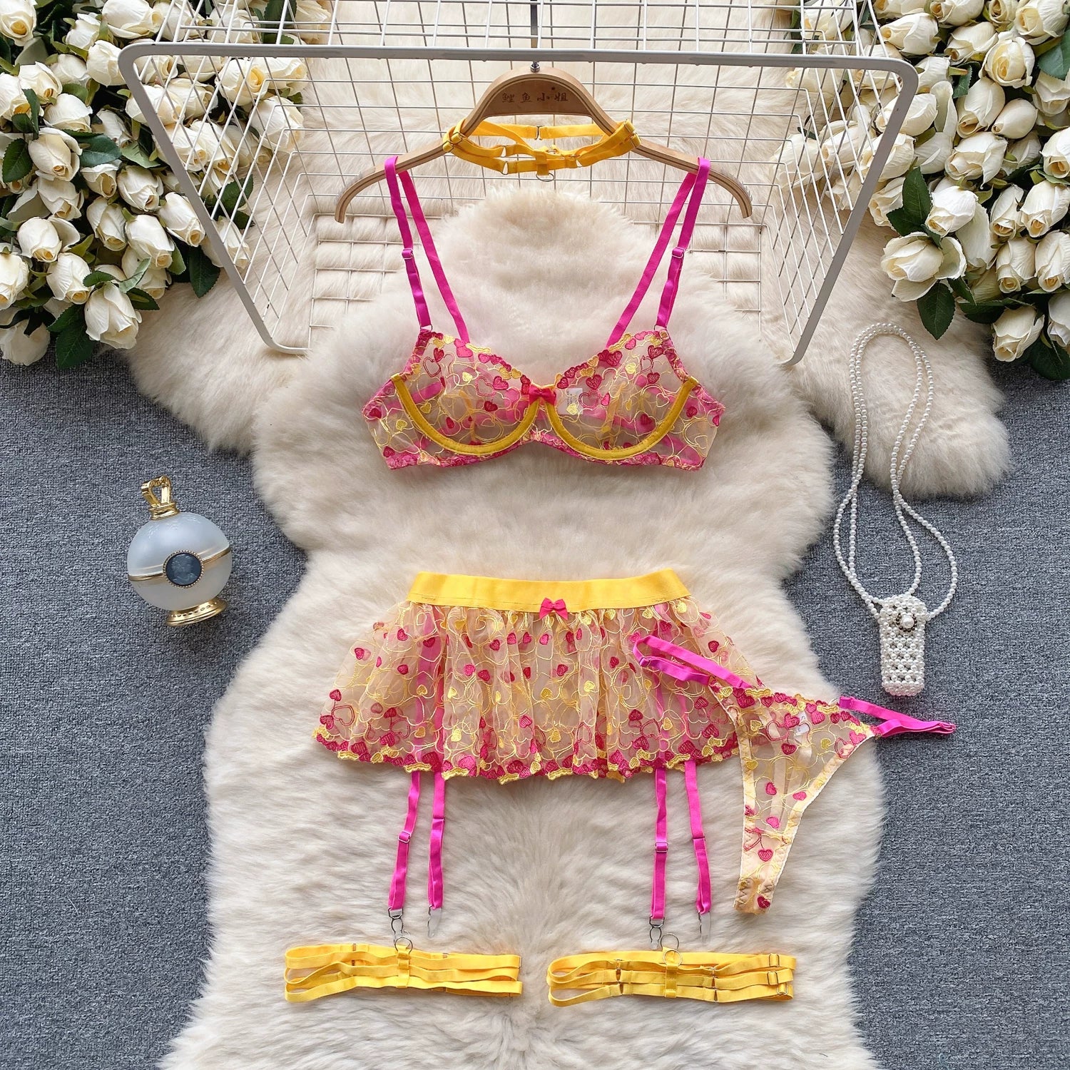 CHILLGIO Women Heart Print Lace Bra Brief Suit Fashion Transparent Push Up Underwear Outfit 3 Pieces Sexy Intimate Lingerie Sets