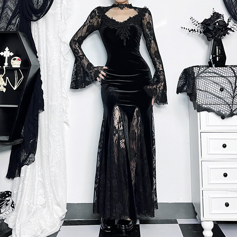 AltGoth Aesthetic Gothic Midi Dress Women Vintage Elagnt Lace Patchwork See Through Flare Sleeve High Waist Clubwear Dress Femme