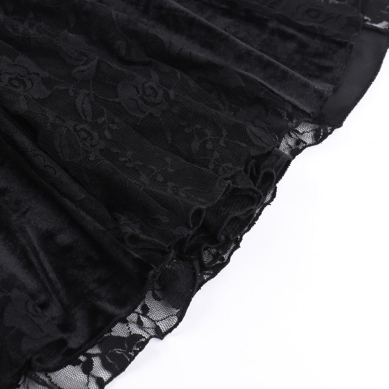 AltGoth Aesthetic Gothic Midi Dress Women Vintage Elagnt Lace Patchwork See Through Flare Sleeve High Waist Clubwear Dress Femme
