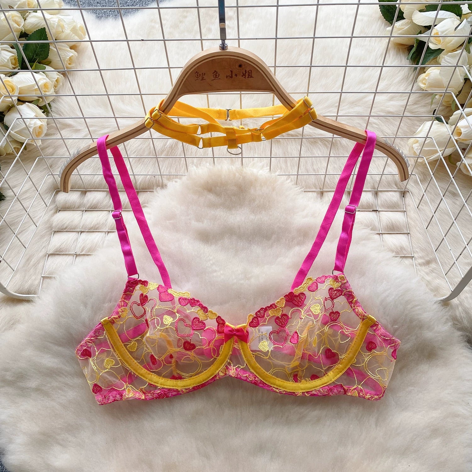 CHILLGIO Women Heart Print Lace Bra Brief Suit Fashion Transparent Push Up Underwear Outfit 3 Pieces Sexy Intimate Lingerie Sets