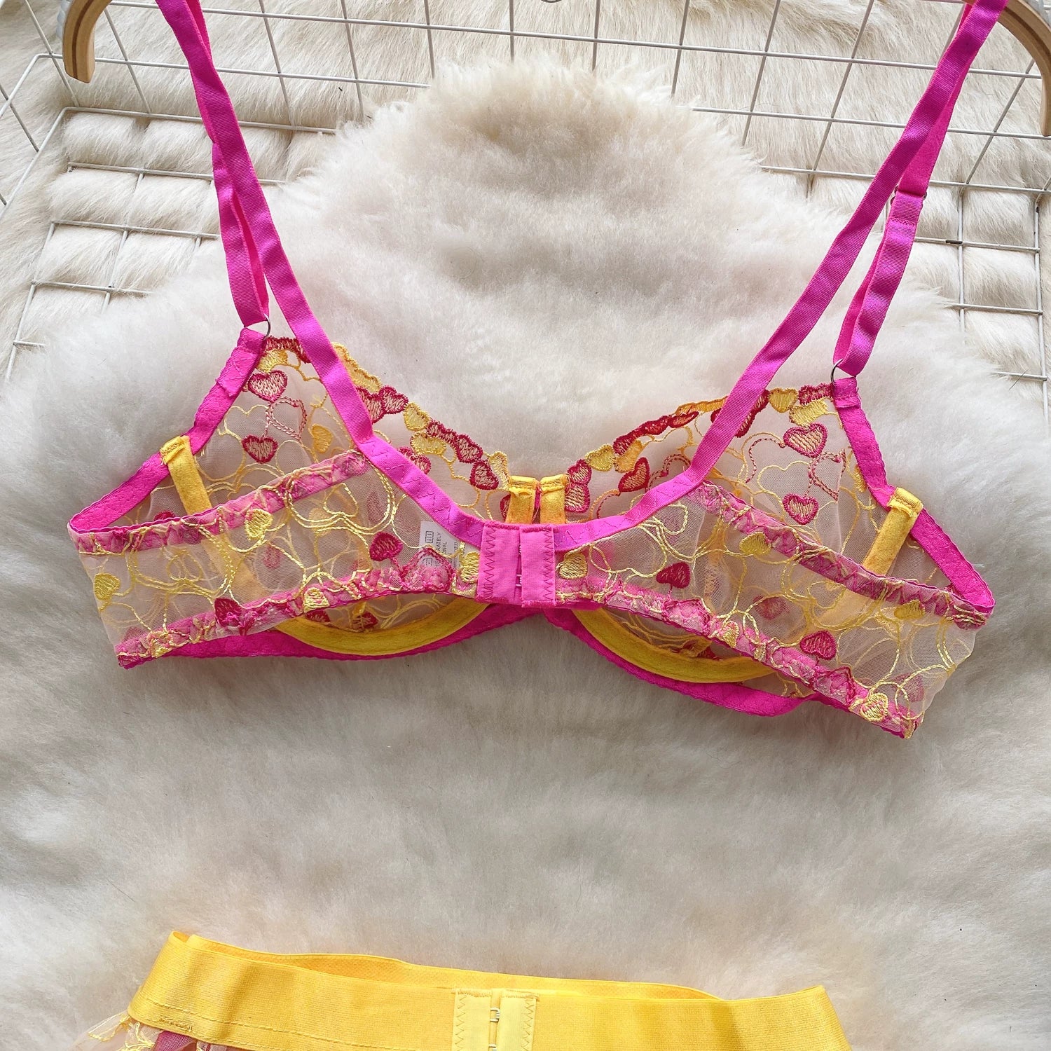 CHILLGIO Women Heart Print Lace Bra Brief Suit Fashion Transparent Push Up Underwear Outfit 3 Pieces Sexy Intimate Lingerie Sets