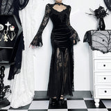 AltGoth Aesthetic Gothic Midi Dress Women Vintage Elagnt Lace Patchwork See Through Flare Sleeve High Waist Clubwear Dress Femme