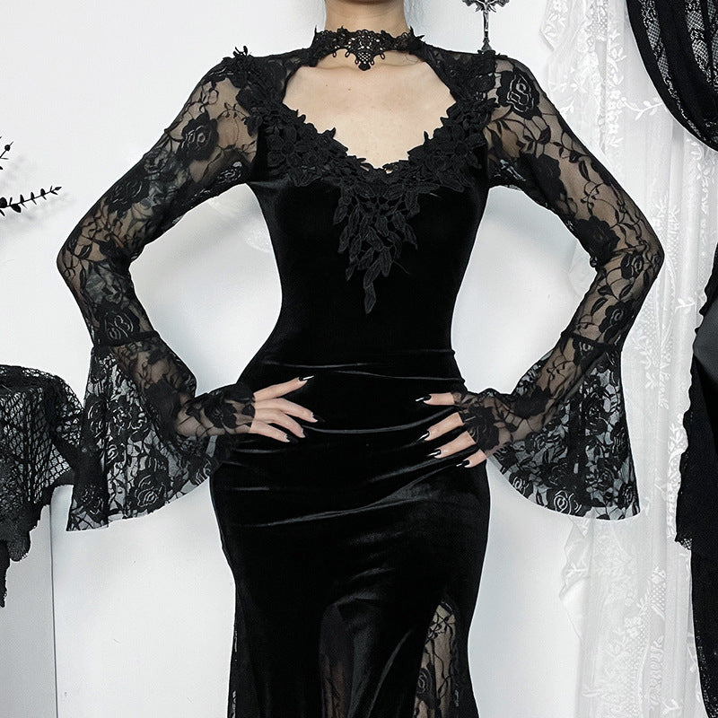 AltGoth Aesthetic Gothic Midi Dress Women Vintage Elagnt Lace Patchwork See Through Flare Sleeve High Waist Clubwear Dress Femme