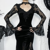 AltGoth Aesthetic Gothic Midi Dress Women Vintage Elagnt Lace Patchwork See Through Flare Sleeve High Waist Clubwear Dress Femme