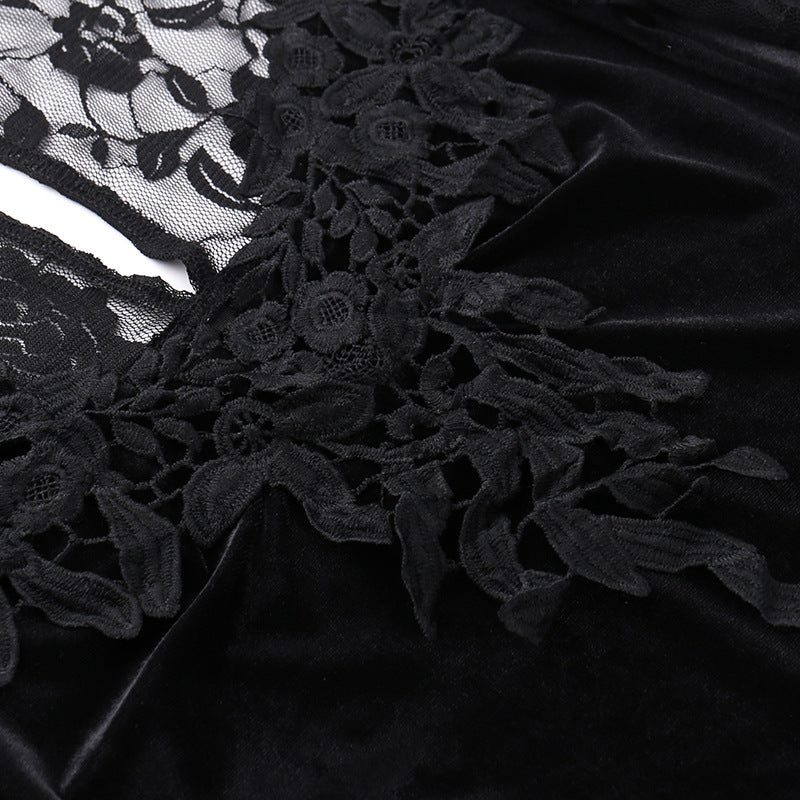 AltGoth Aesthetic Gothic Midi Dress Women Vintage Elagnt Lace Patchwork See Through Flare Sleeve High Waist Clubwear Dress Femme