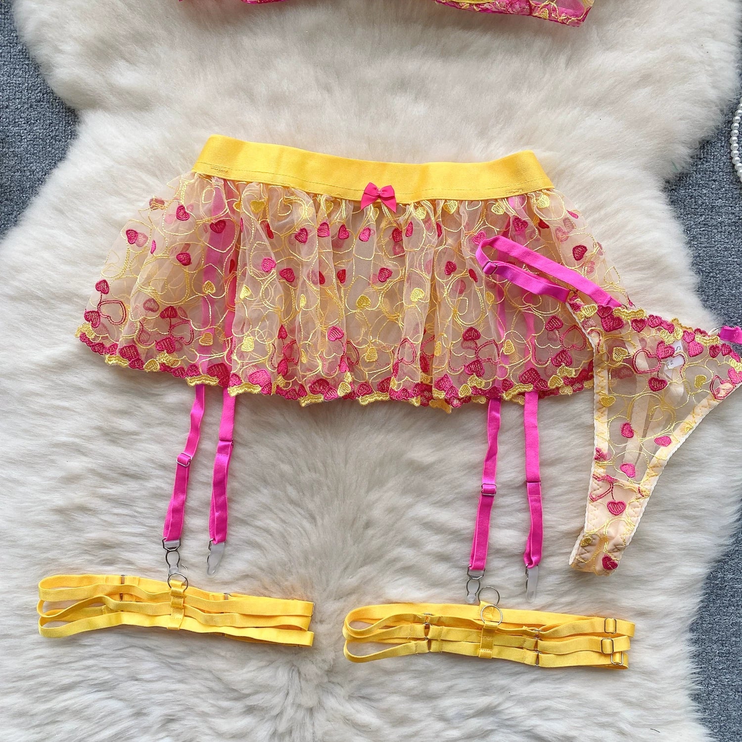 CHILLGIO Women Heart Print Lace Bra Brief Suit Fashion Transparent Push Up Underwear Outfit 3 Pieces Sexy Intimate Lingerie Sets