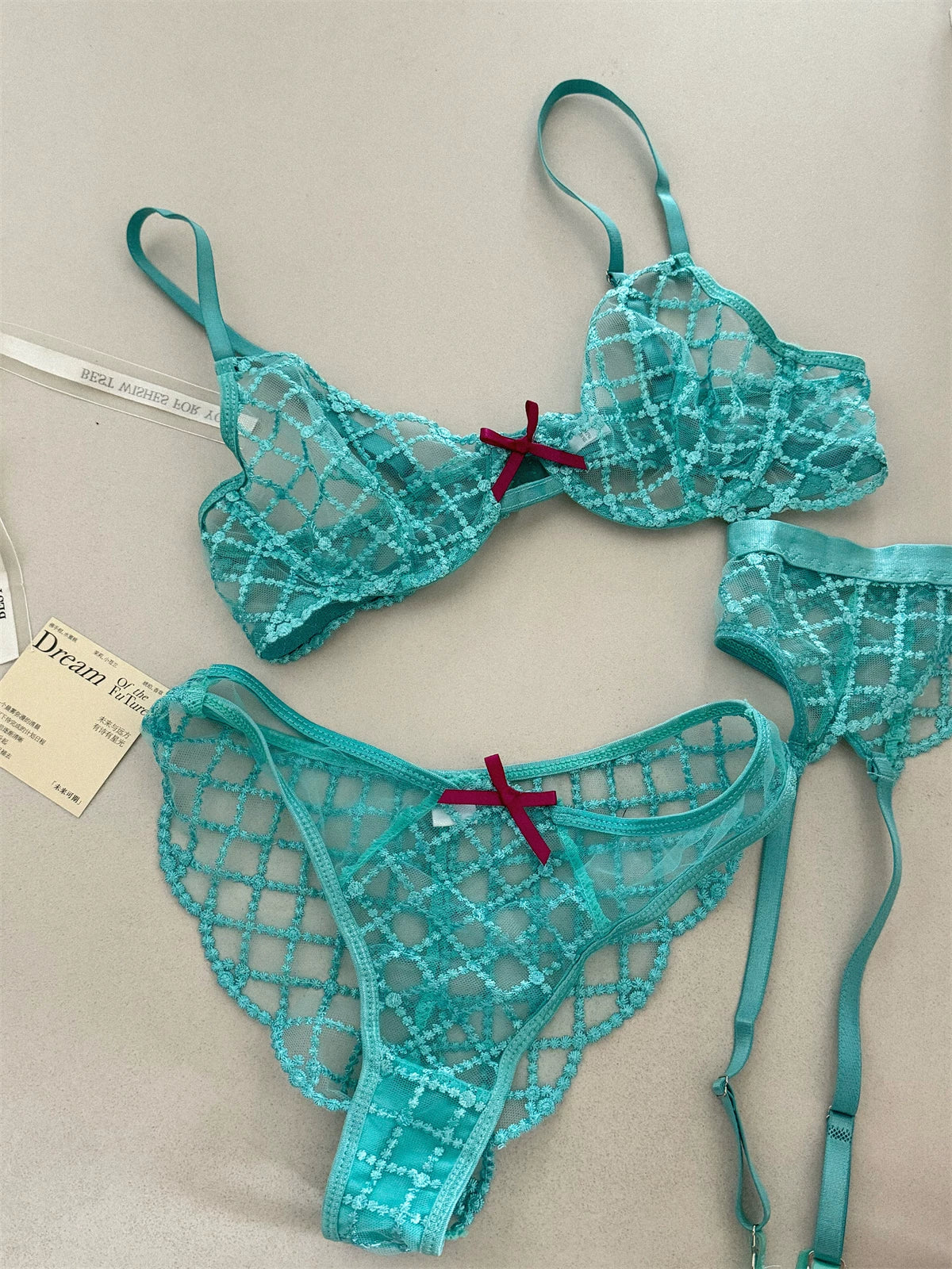 Mermaid blue three-piece lingerie set of thin large breast underwear sexy lace bra breathable romantic bras with underpants suit