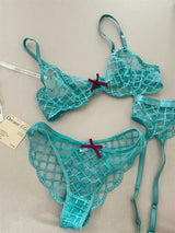 Mermaid blue three-piece lingerie set of thin large breast underwear sexy lace bra breathable romantic bras with underpants suit