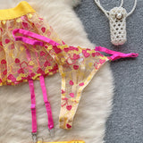 CHILLGIO Women Heart Print Lace Bra Brief Suit Fashion Transparent Push Up Underwear Outfit 3 Pieces Sexy Intimate Lingerie Sets