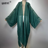 WINYI 2023 Women Bohemian Gold Thread Monochrome Elegant Casual Dress African Cardigans Outerwear For Women Summer Sexy Kimono