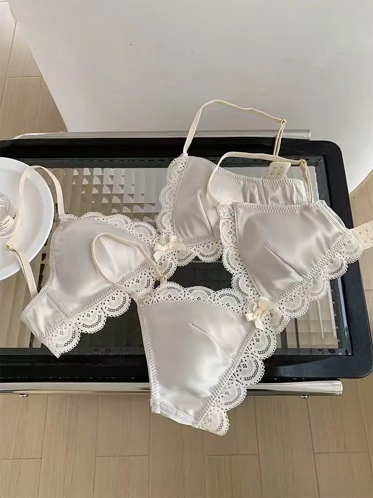 Korean Style Triangle Cup Bow Lace Bra for Women Small Chest Satin Underwear Sweet Breathable Comfortable Soft Bra