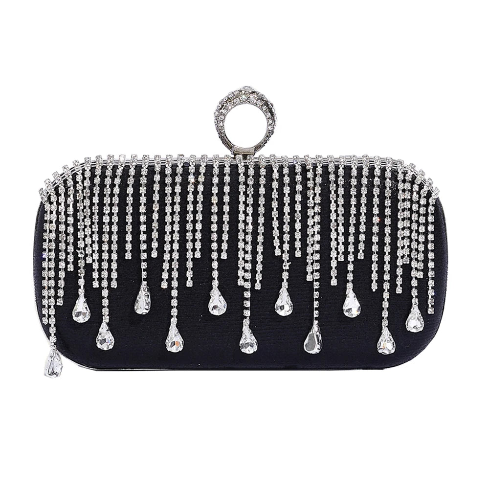 @Luxury Evening Clutch Bag Wedding Rhinestone Tassel Handbag Silver Purse Party Shoulder Bag for Women Fashion Black Bag
