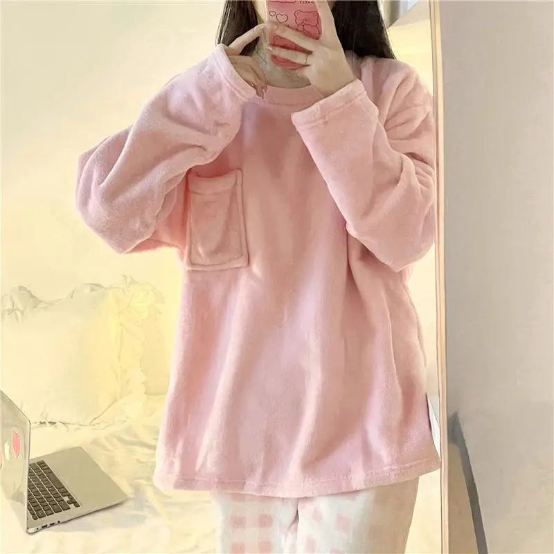 CHUANGERM Winter Fleece Thick Warm Soft Solid Casual Women's Pajamas Set Plaid Top And Pants Home Suit Pyjamas