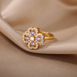 Spinner Zircon Heart Four Leaf Clover Rings For Women Stainless Steel Anti Stress Anxiety Fidget Ring Jewelry Christmas Gift