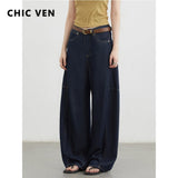 CHIC VEN Women's Jeans Loose Casual New High Waist Split Female Wide Leg Denim Pants  Spring Autumn 2025