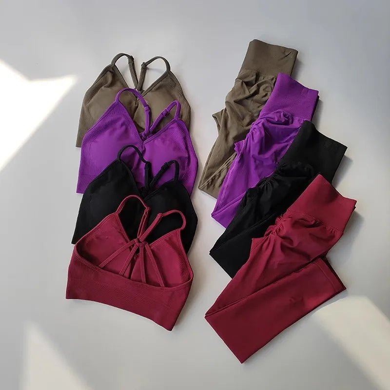 Seamless Yoga Set Women High Waist Scrunch Leggings V Neck Sports Bra 2 Piece Workout Fitness Clothing Quick Dry Gym Suit