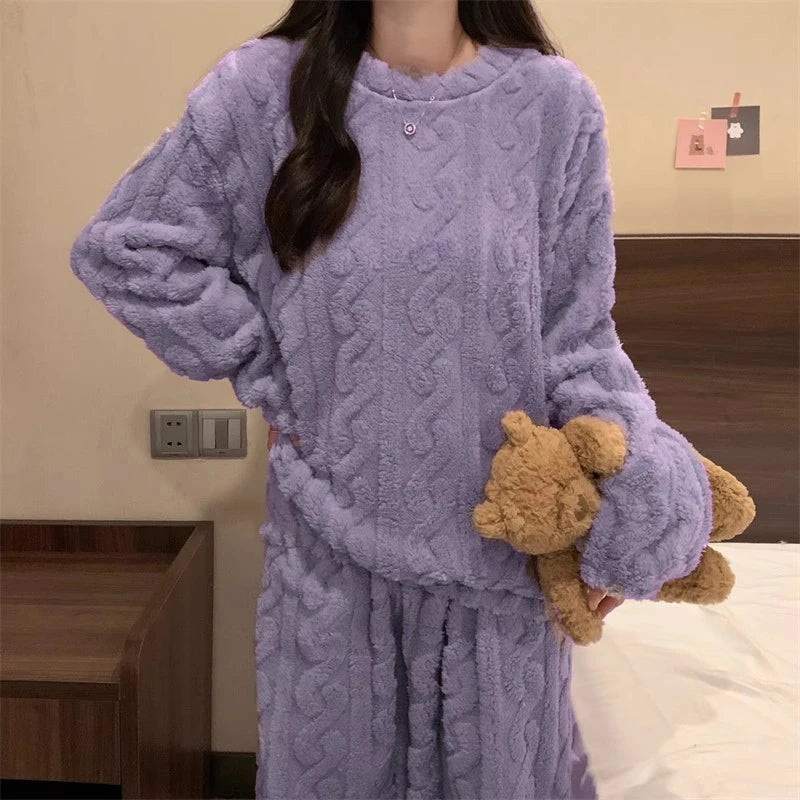 Women's Thickened Warm Sleepwear coral velvet homewear Fluffy O-neck leisure pajamas Striped Large Size Adapted Winter Sleepwear
