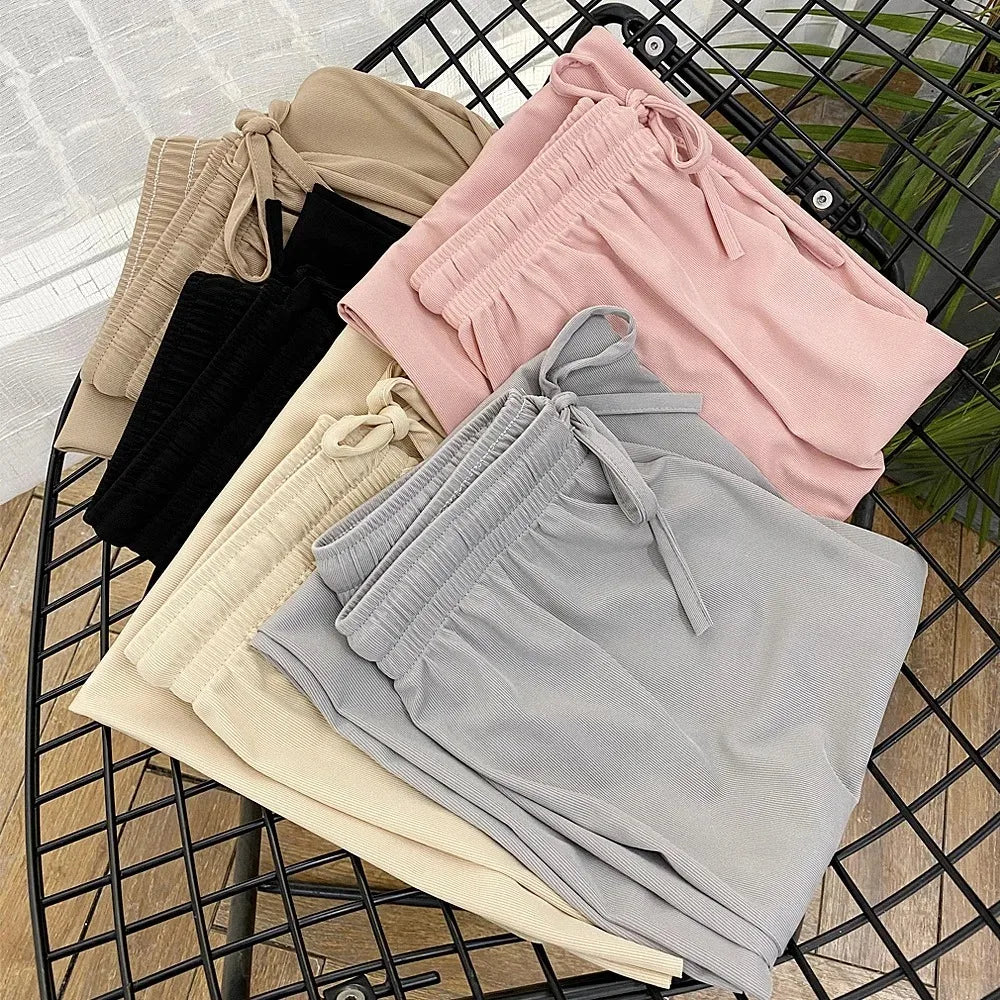 2026 Women Ankle-Length Wide Leg Pants Casual Summer Solid Elastic Waist Loose Ice Silk Pants Spring Summer Female Trousers