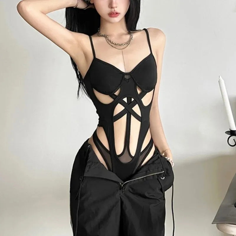 Y2K Black Bodysuit Women Hollow Out Sexy Sleeveless Tops Spaghetti Strap Streetwear Bodycon Jumpsuit Festival Aesthetic Clothes