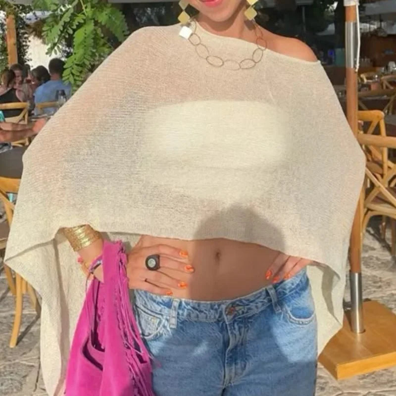 Women Knit Cover-ups Summer Autumn See-through Irregular Loose Pullover Summer Beach Smock Crop Tops Bikinis Cover Ups
