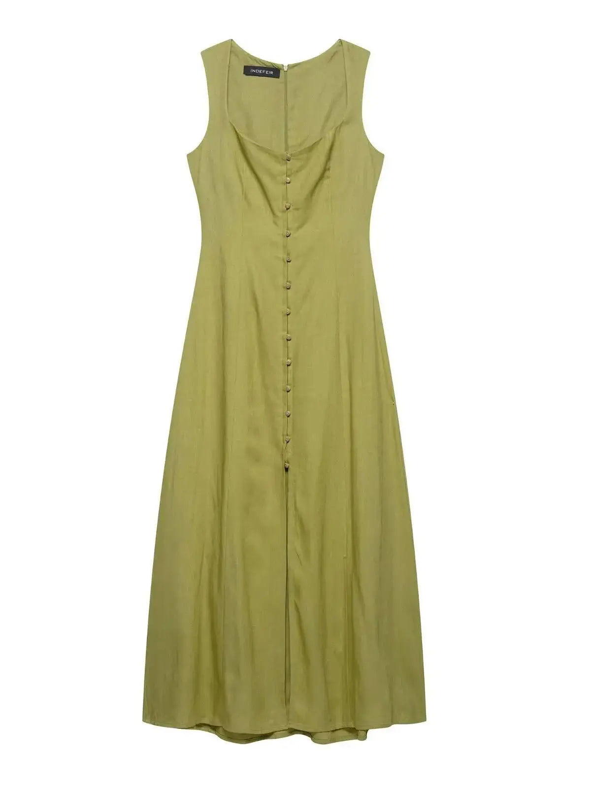 2025 Summer Elegant Dress Women Fashion Solid Square Collar Sleeveless Single Breasted Dress Ladies Vacation Green Spilt Dresses