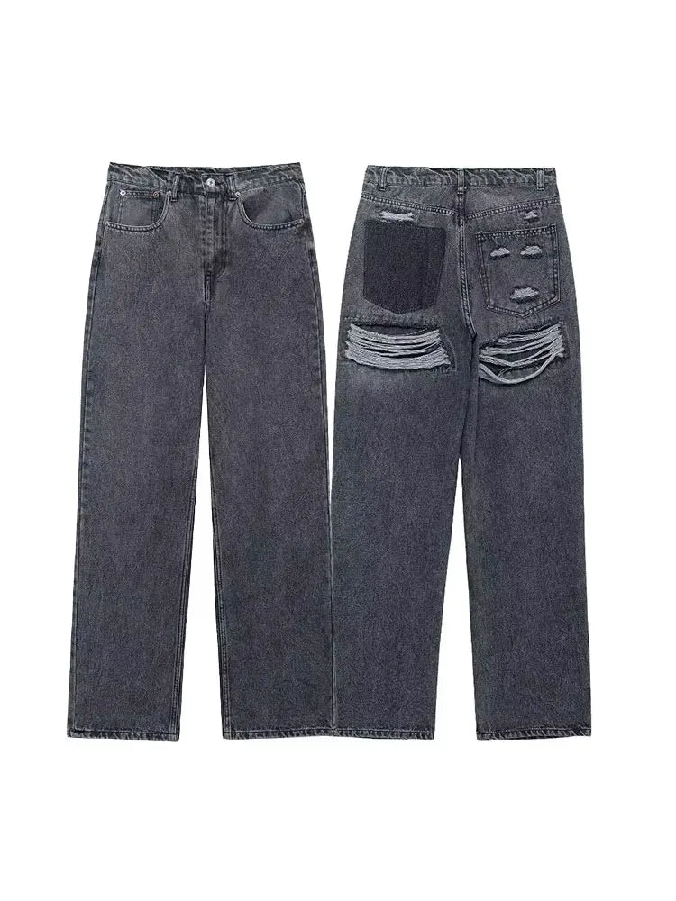 HH 2024 Women's Street Fashion Denim Blue Jeans Distressed Patchwork High Waist Zipper Fly Ripped Retro Long Pants