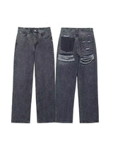 HH 2024 Women's Street Fashion Denim Blue Jeans Distressed Patchwork High Waist Zipper Fly Ripped Retro Long Pants