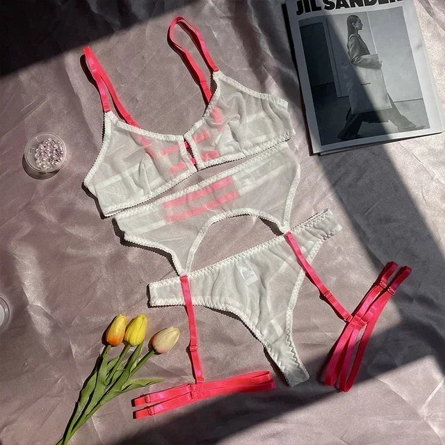 Sexy Women's Underwear Set Transparent Three Piece Bra And Underwear Set Garter Belt Exotic Mesh Mesh Underwear Sleepwear Set ok