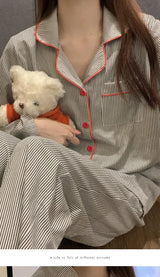 2PCS/Set Women's Long Sleeve Loose Breathable Student Sleepwear Loungewear Cardigan Gray Striped Girl Fashion Pajamas Homewear