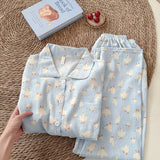 Sweet Cute Goose Print Korean Fashion Women's Pajamas Nightwear Kawaii Casual Lapel Neck Y2K Pajamas Set Autumn New Loungewear