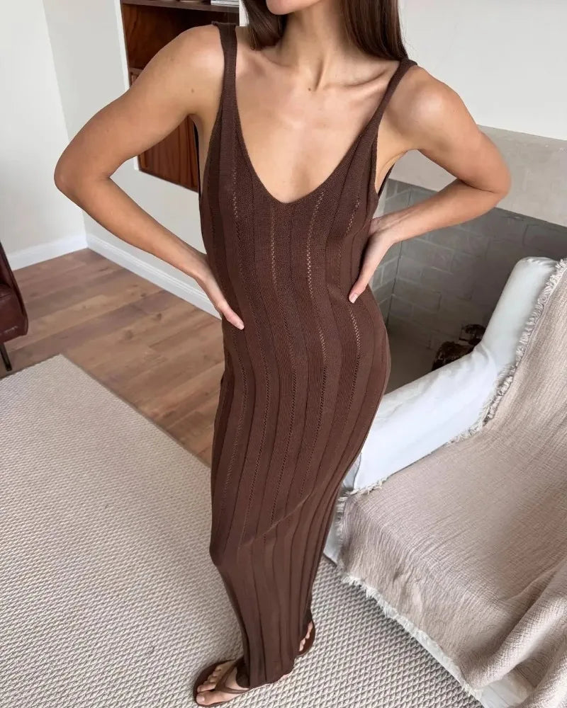 Trendix Knit Backless Dress For Women V Neck Slim Sleeveless Suspender Maxi Dress Vacation Sexy Beach Knitted Elegant Long Dress