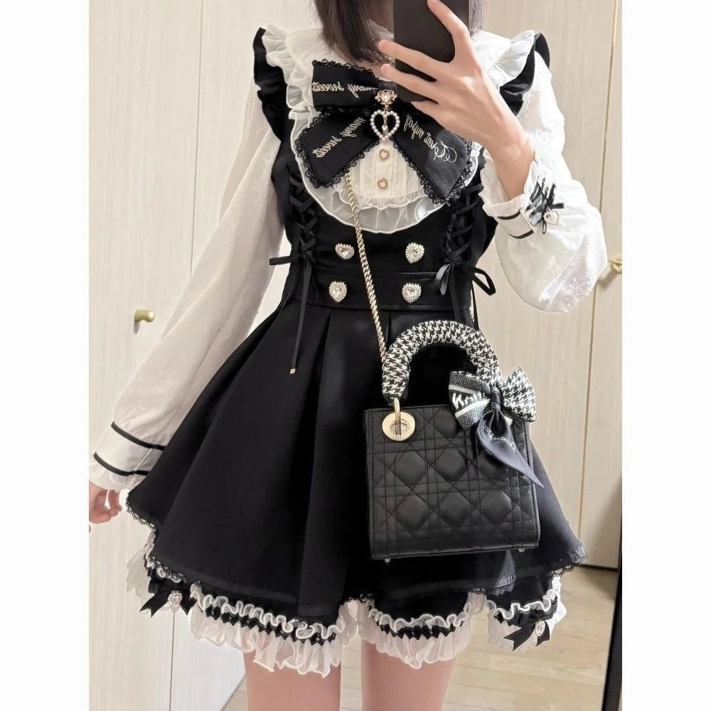 Harajuku Sweet Bow Black Plaid Dresses All-match Slim Fit Kawaii Lolita Dress for Women Autumn New Long Sleeve Vestidos De Mujer