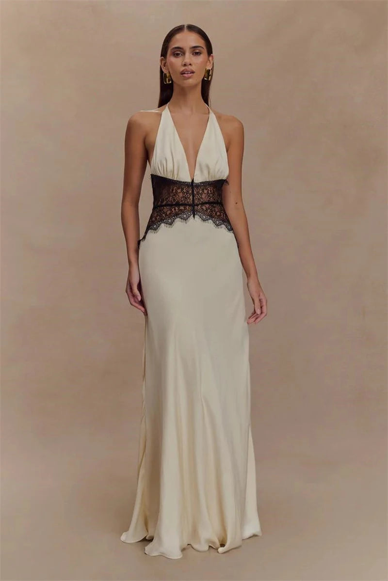 Mozision Summer Backless Sexy Maxi Dress Women Gown Patchwork Lace Halter Deep V Neck Sleeveless High Waist Elegant Long Dress