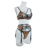 Sexy Wild Leopard Printed Lace Patchwork Lingerie Set Women Comfortable Three Piece Bra and Panty Set Female Exotic Apparel Suit