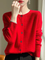 Women 100% Merino Wool Cardigan Soft O-Neck Cashmere Sweater OL Buttoned Knitwear Casual Top Clothing Korean Style